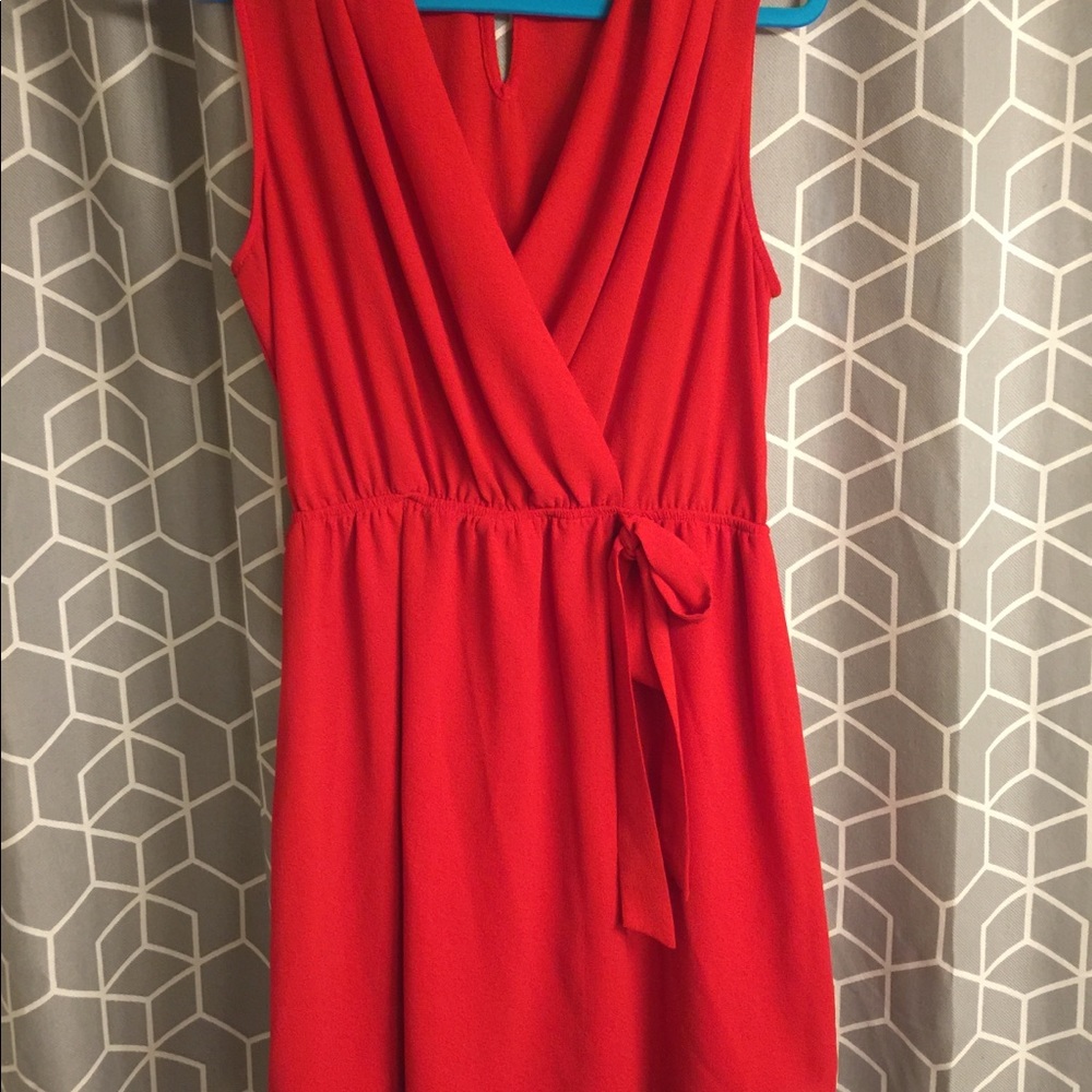 Red Cinched waist faux wrap mini dress